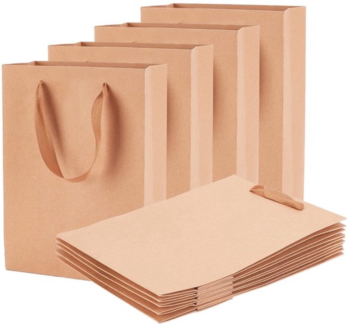 Pack van 10 - Kraftpapier Tas - 28 x 20 x 10 cm - Bruin met Handvatten