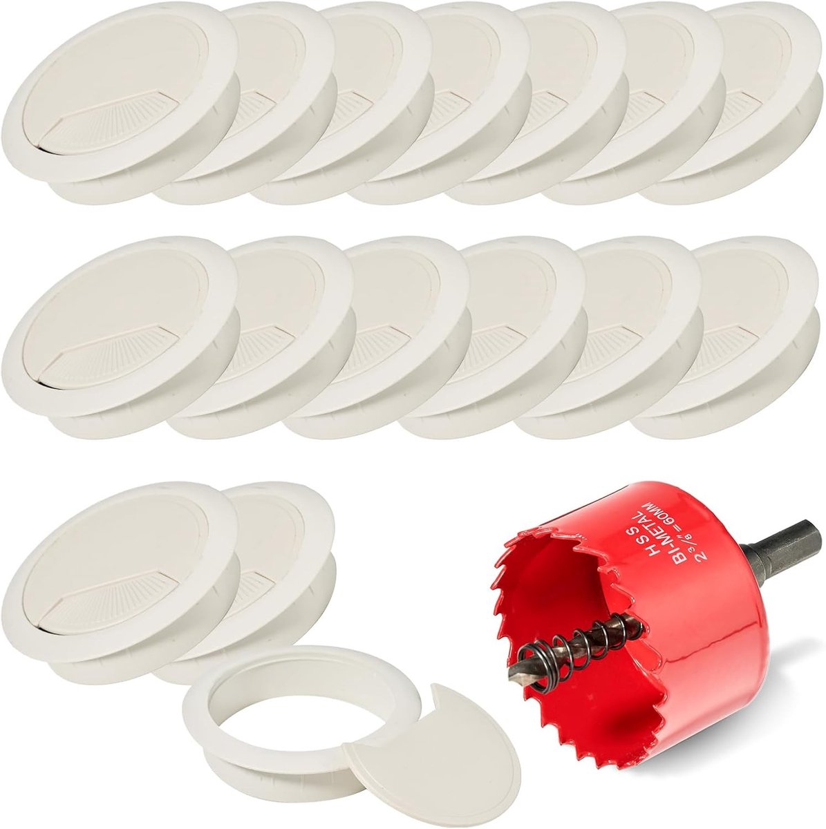 16-delige set kabeldoorvoeren 60mm met gatenzaag, desk kabeldoorvoer, kabelbeheer en kabelafdekking in wit