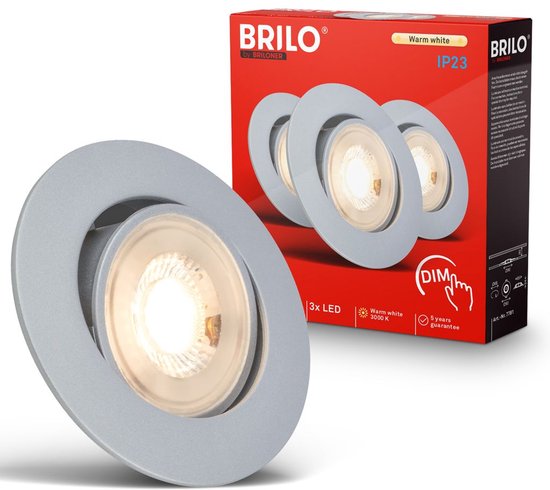 Zilverkleurige inbouwspot met draaibare ring en warm wit licht, naast een verpakking voor 3 spots.