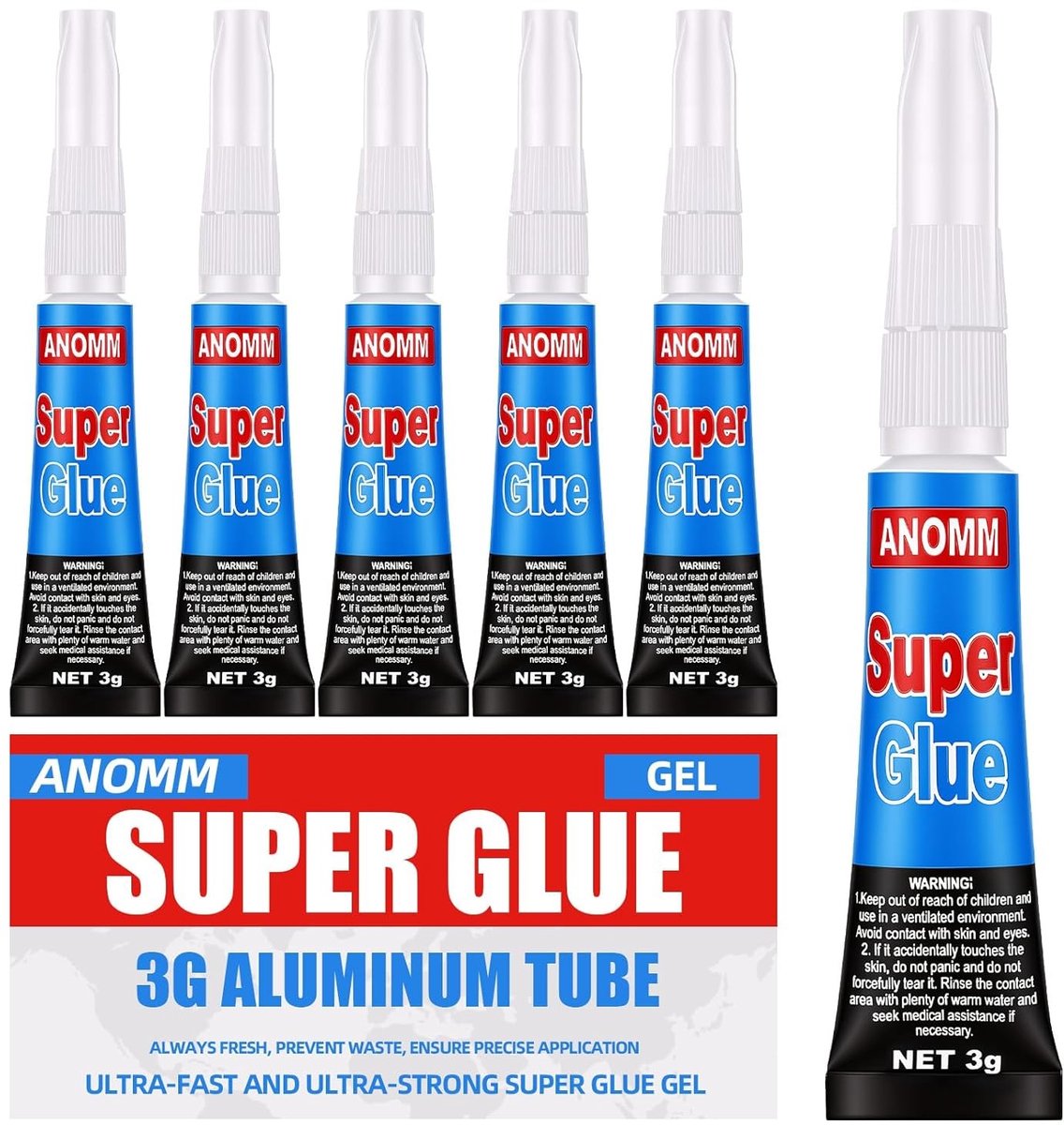 Set van 6 Universele Superlijm Gel 3g Tubes - Transparante en Naadloze Hechting voor Plastic, Rubber, Leer, Metaal, Keramiek en Glas, Voorkomt Verstopte Nozzles