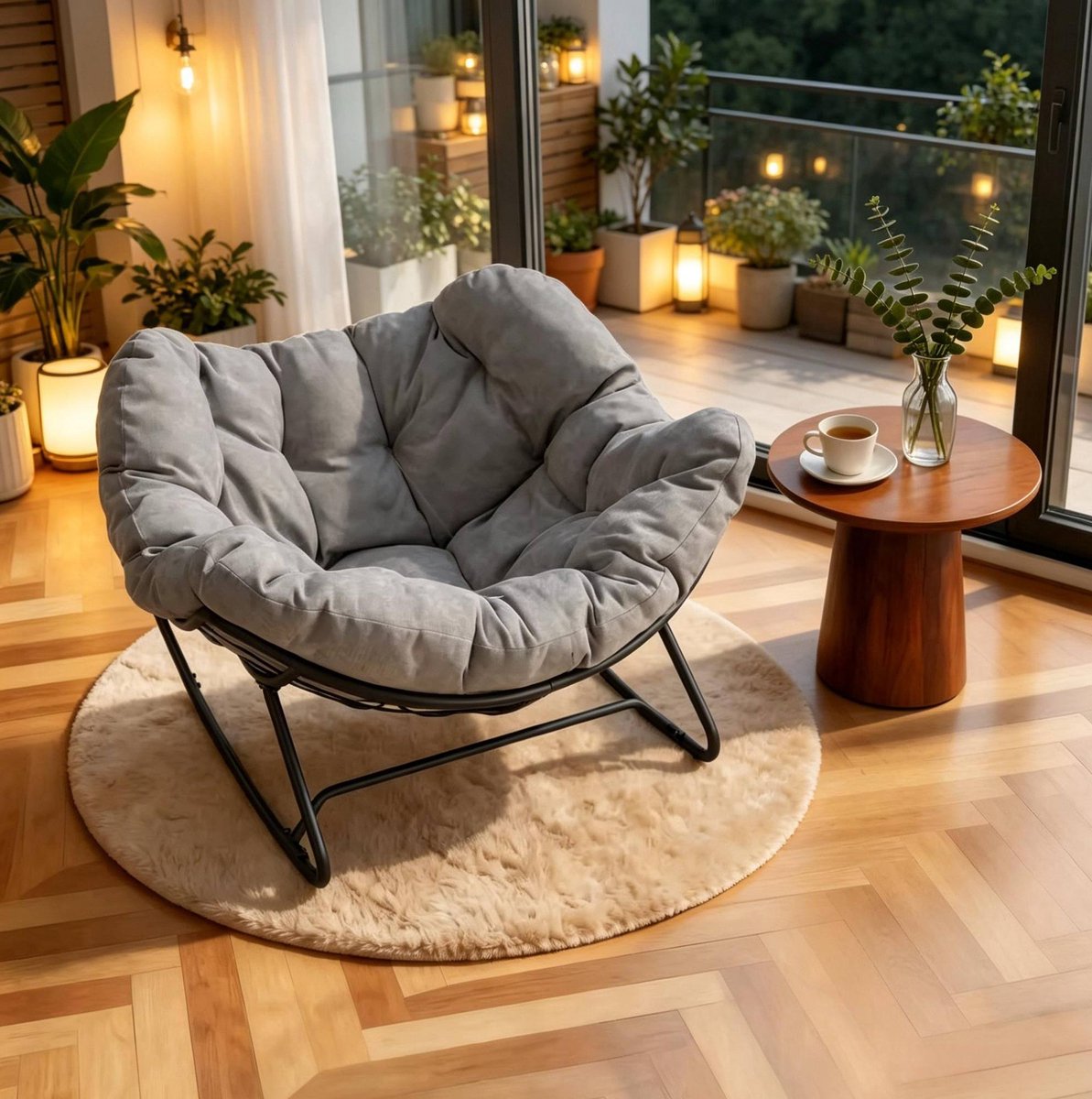 MIVRAY Schommelstoel 91 x 102,5 x 77 cm - Ei-Vormige Fauteuil Met Chenille Kussen - Voor Balkon, Woonkamer En Slaapkamer - Metaal Lichtgrijs