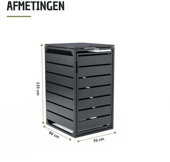 Zwarte containerombouw met afmetingen 80x70x125 cm.