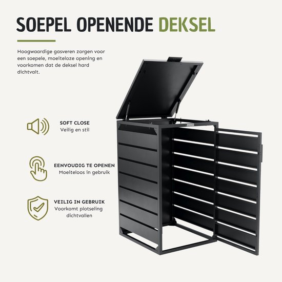 Zwarte containerombouw met open deksel en deur, met iconen voor soft close.