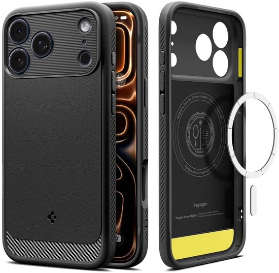 Zwart hoesje met textuur, carbonfiber-accent, magnetische ring en gele voering.
