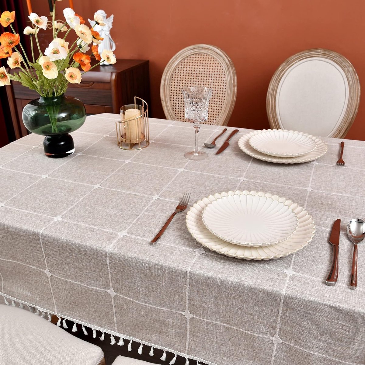 Tafelkleed Boerderij - Katoen Linnen - Tafel Decoratie - Geruite Borduurpatroon - 152 x 251 cm - Koffie