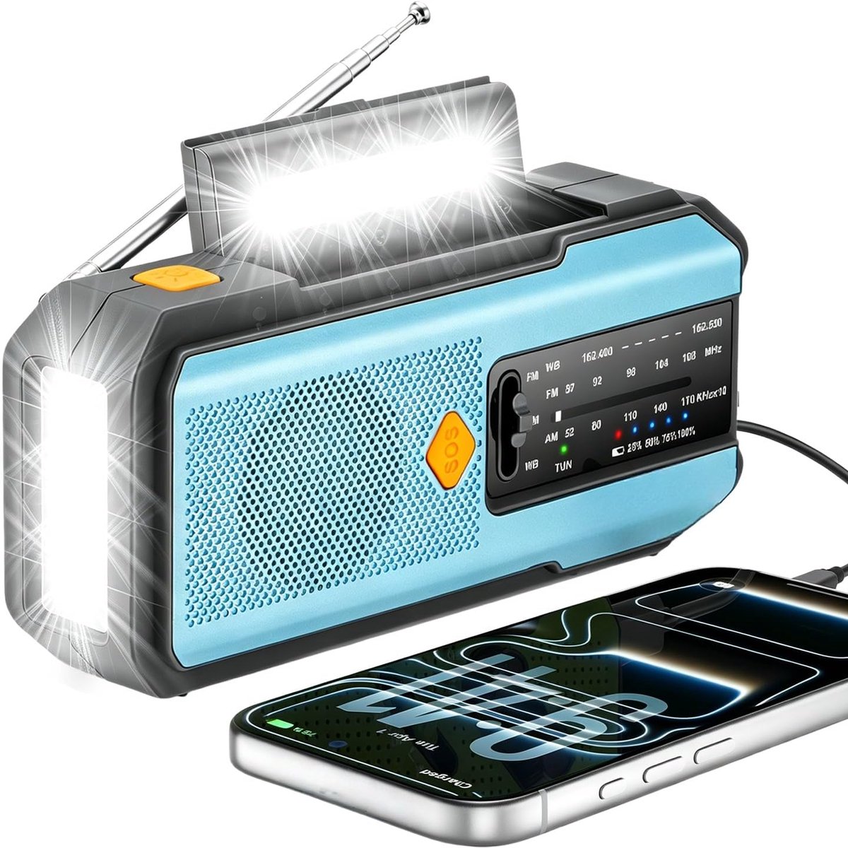 Zonneradio – noodzonneradio – multifunctionele noodradio – AM/FM/weerbandradio – LED-zaklamp – ideaal voor kamperen en noodsituaties – 2000 mAh.L
