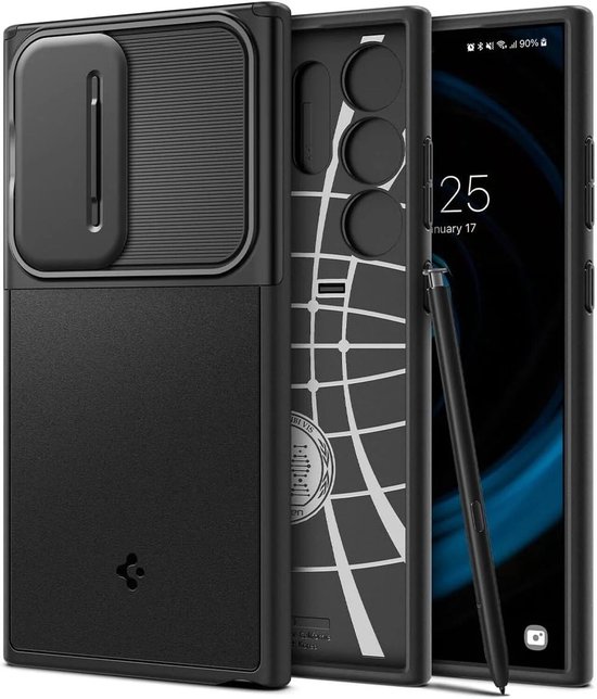 Zwarte telefoonhoes met cameralensbescherming, pen en telefoon.