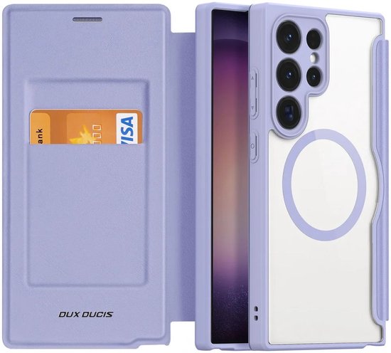 Paars Dux Ducis telefoonhoesje met kaarthouder, opengeklapt.