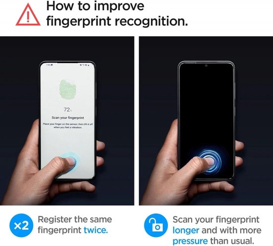 Instructions pour améliorer la reconnaissance des empreintes digitales sur un téléphone avec le protecteur d'écran Spigen.