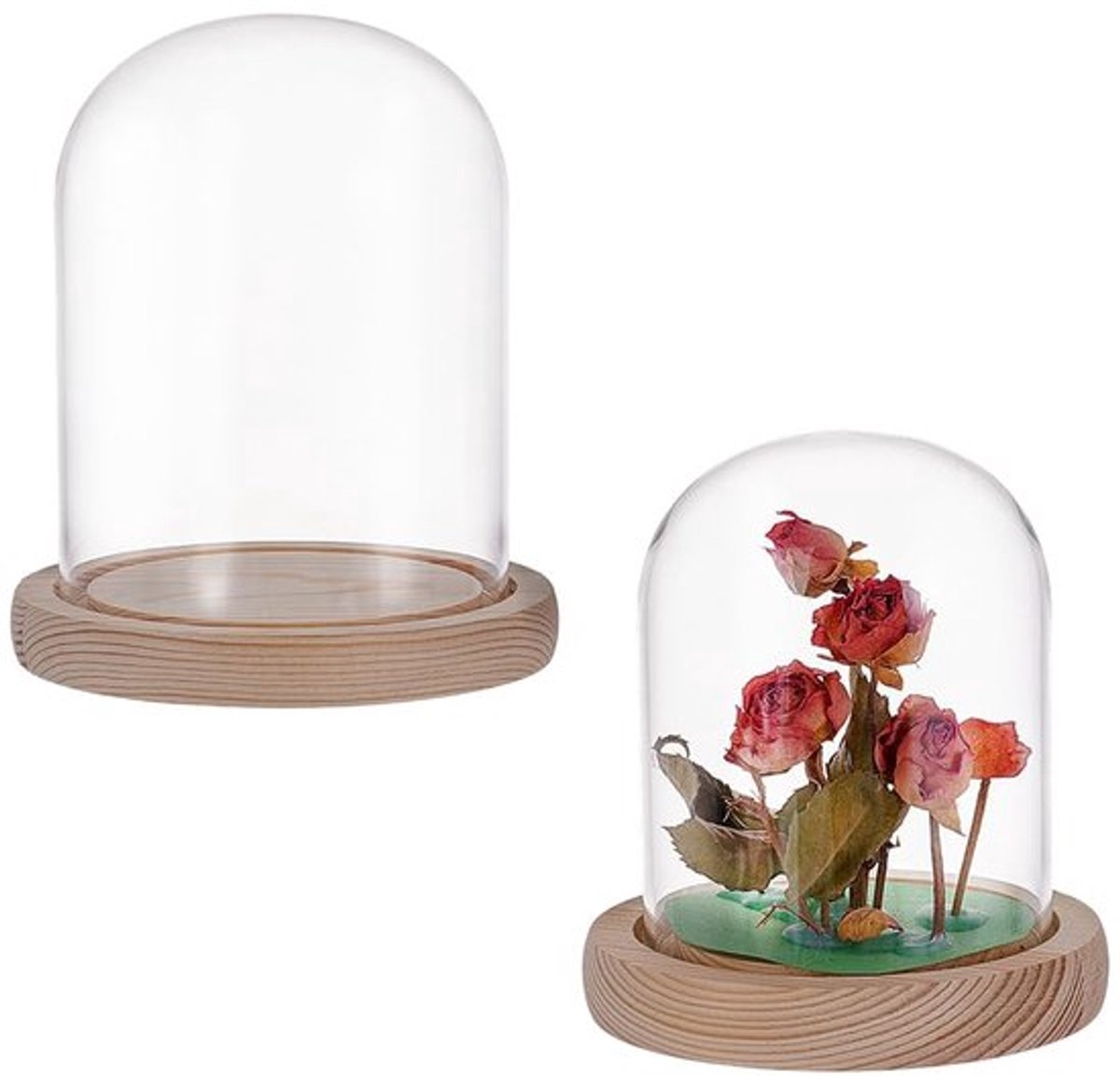 2 stuks 2 stijlen glazen display koepel cloche, eeuwige bloem glazen koepel cloche decoratieve stolp met houten basis voor bruiloft decoratie specimens ambachten feestgunsten