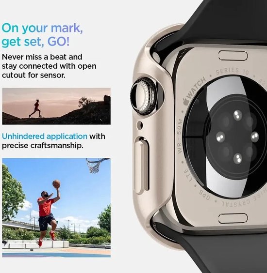 Beige Apple Watch bumpercase met zichtbare sensoren op de achterkant.