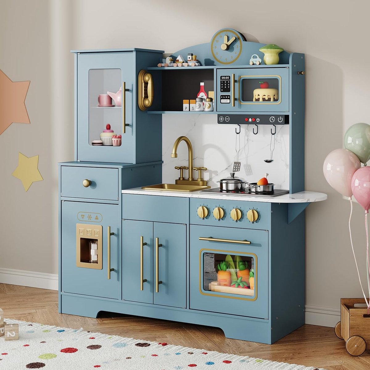 Speelkeuken met Licht & Geluiden - Houten Kinderkeuken Speelset - Keukenaccessoires, Klok,