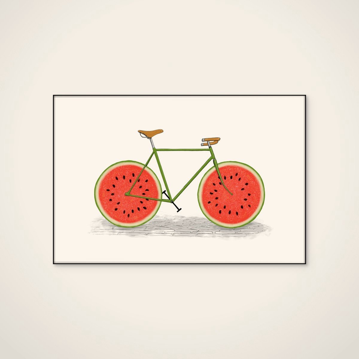 Akoestisch schilderij - 90 x 60 cm - Watermelon Bicycle van Florent Bodart - Abstracte wanddecoratie - zwart textielframe