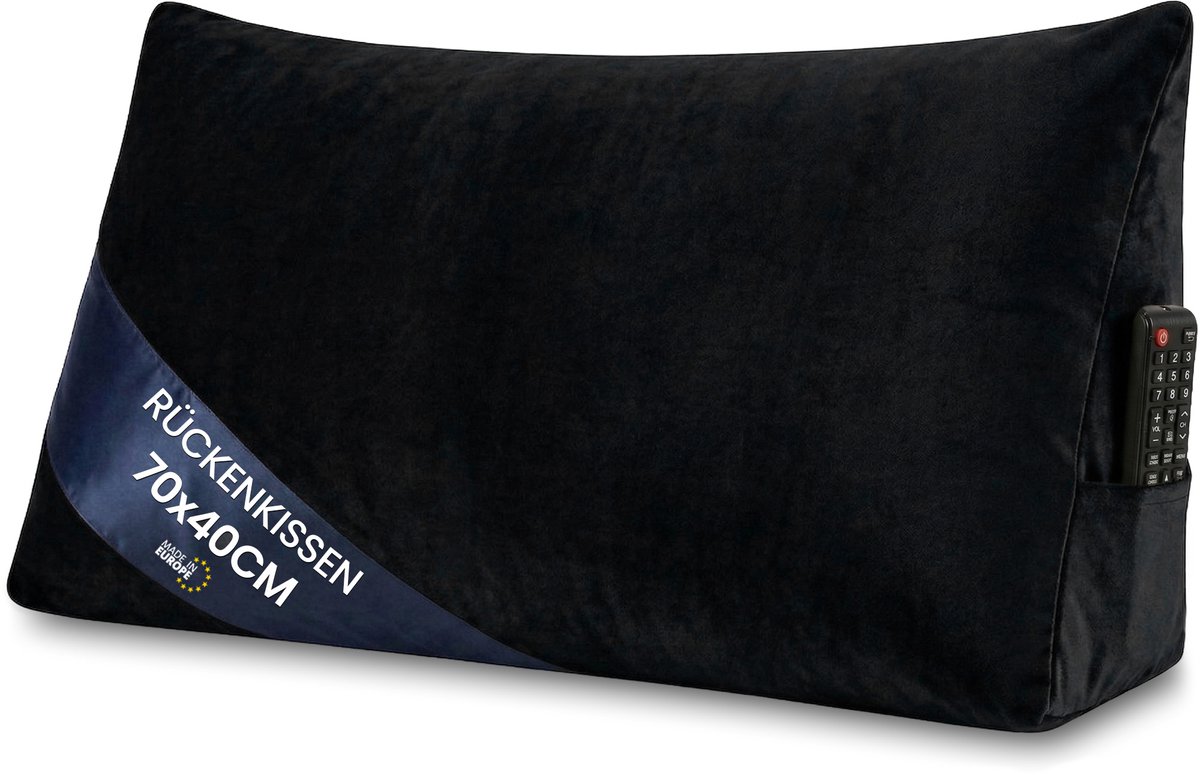 Leeskussen voor bed bank en hoofdbord 70 cm breed - groot driehoekig wigkussen rugkussen – bankkussen rugsteun lendenkussen om comfortabel te lezen in bed of tv te kijken kussen Zwart – Fluweel