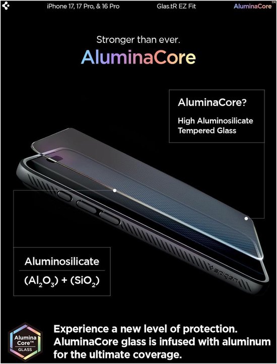 Spigen AluminaCore beschermglas, sterk en gemaakt van aluminosilicaat glas.