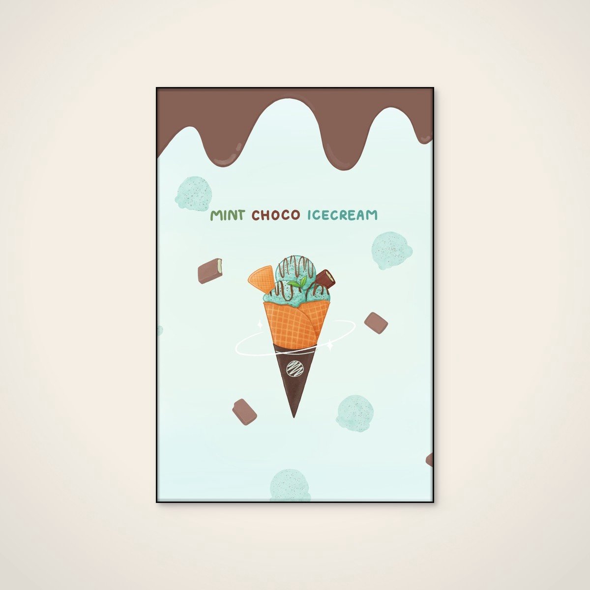 Akoestisch schilderij - 60 x 90 cm - Mint Chocolate Ice Cream Cone van Xuan Thai - Abstracte wanddecoratie - zwart textielframe
