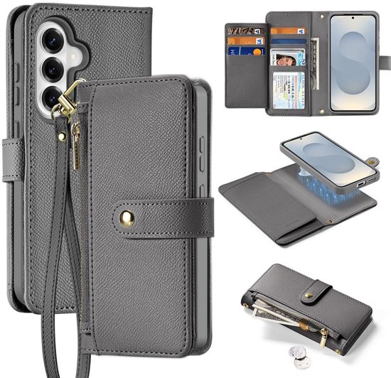 Grijze 2-in-1 portemonnee-telefoonhoes met polsband, meerdere vakken en afneembare magnetische telefoonhoes.