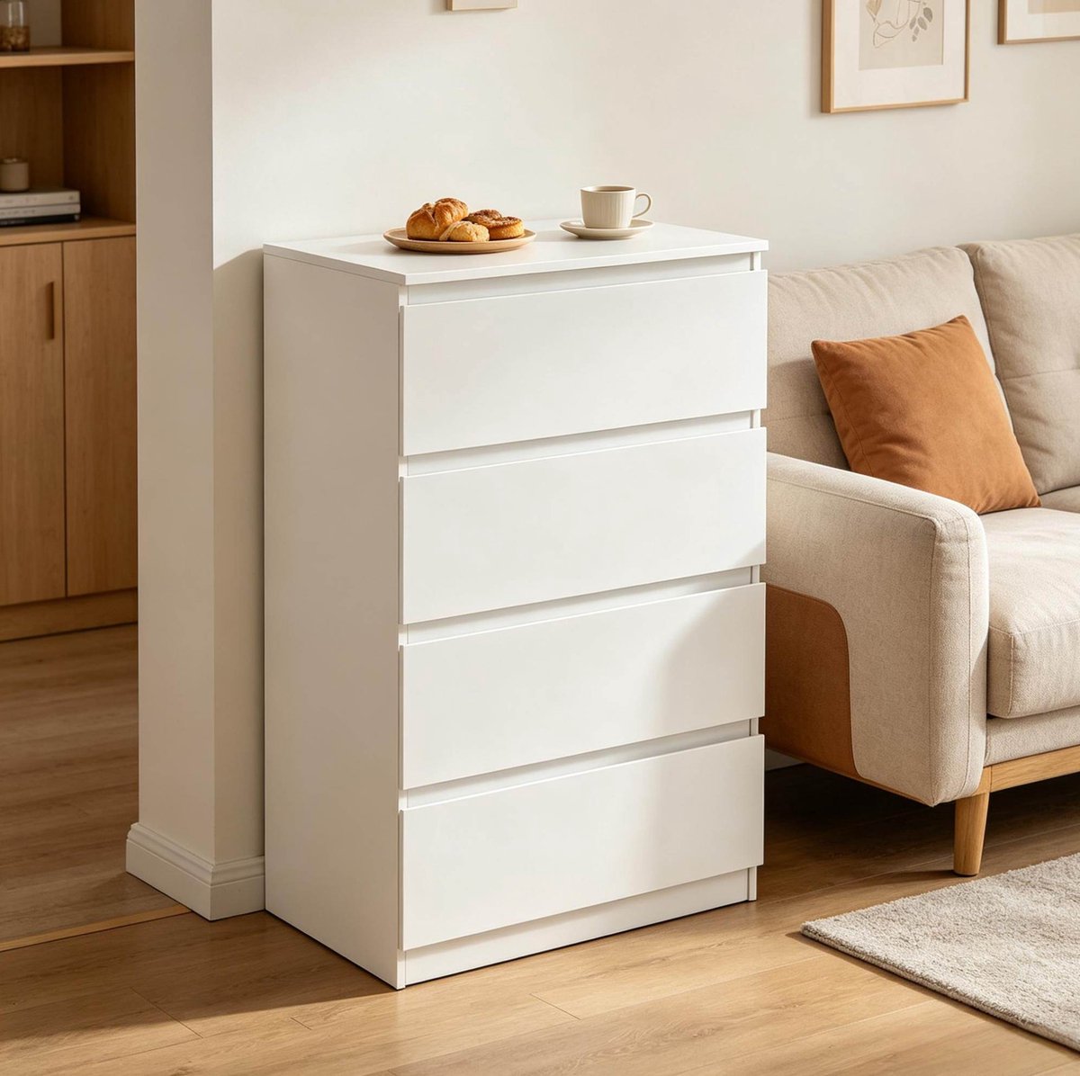 Wishdor - Ladekast - 4 lades met greeploze fronten - dichte opbergkast - Scandinavische stijl - slaapkamer, woonkamer en hal - hout met melamine - wit - 60 x 90 x 40 cm