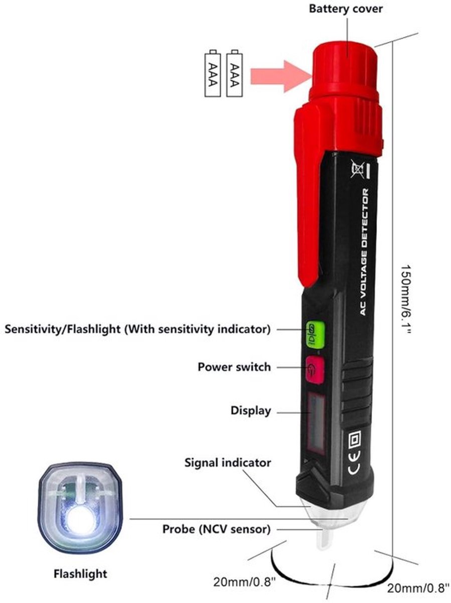 Contactloze spanningsmeter - veiligheidswaarschuwing LEDlicht zoemer - hoorbaar inductieve schakelcircuitherkenning - multifunctioneel elektrische pen - 48-1000 V AC .