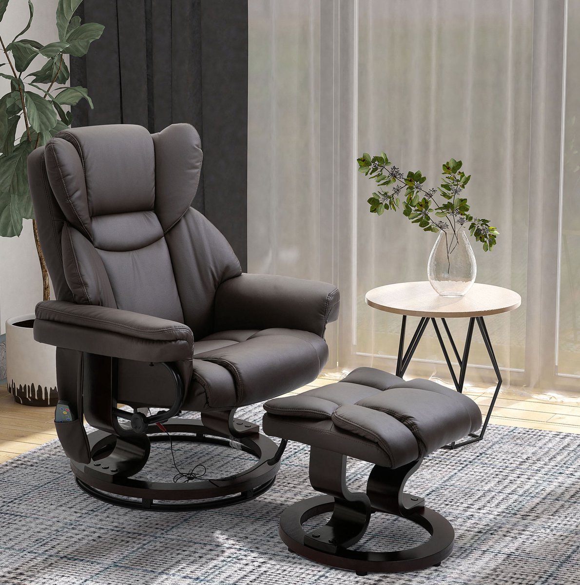 MIVRAY Massagestoel 79 x 82 x 101 cm - Met Hocker En 145° Ligfunctie - Voor Woonkamer En Ontspanning - Kunstleer Bruin