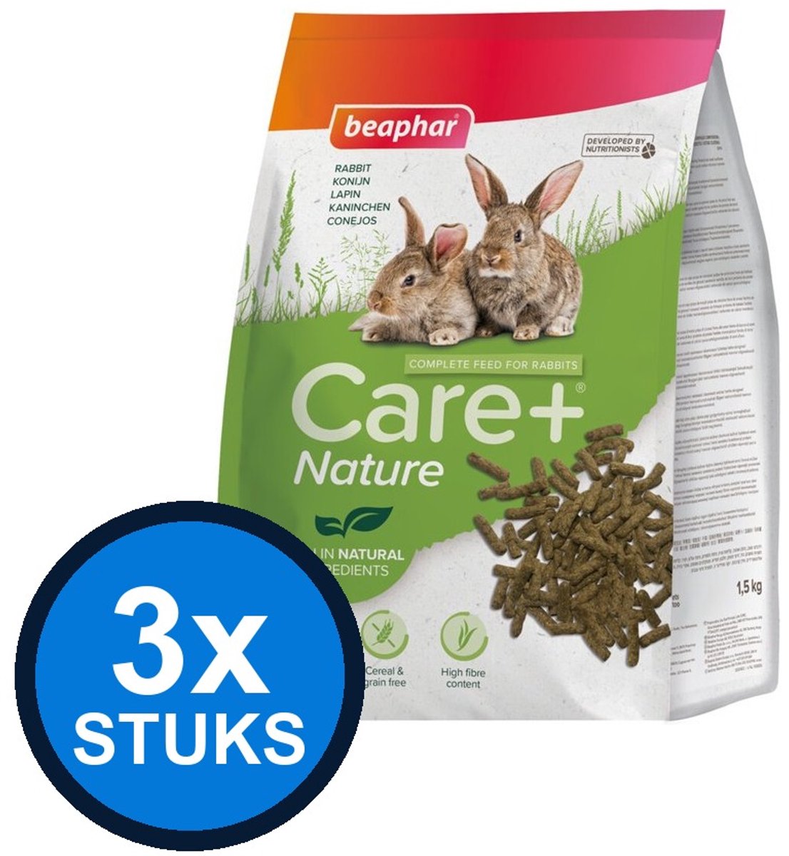 3x Beaphar - Care+ nature konijn 1,5kg - Knaagdierenvoer - 1.5 kg