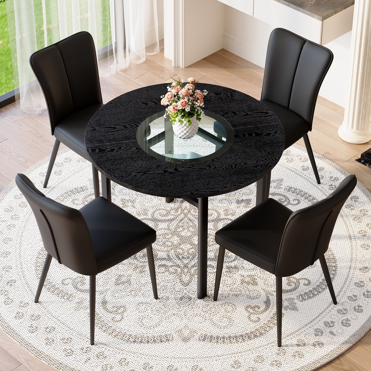 DESMIU Set Tafel En Stoelen 100 Cm - Ronde Eettafel Met Glazen Inleg En 4 Stoelen - Voor Eetkamer En Woonkamer - MDF Zwart
