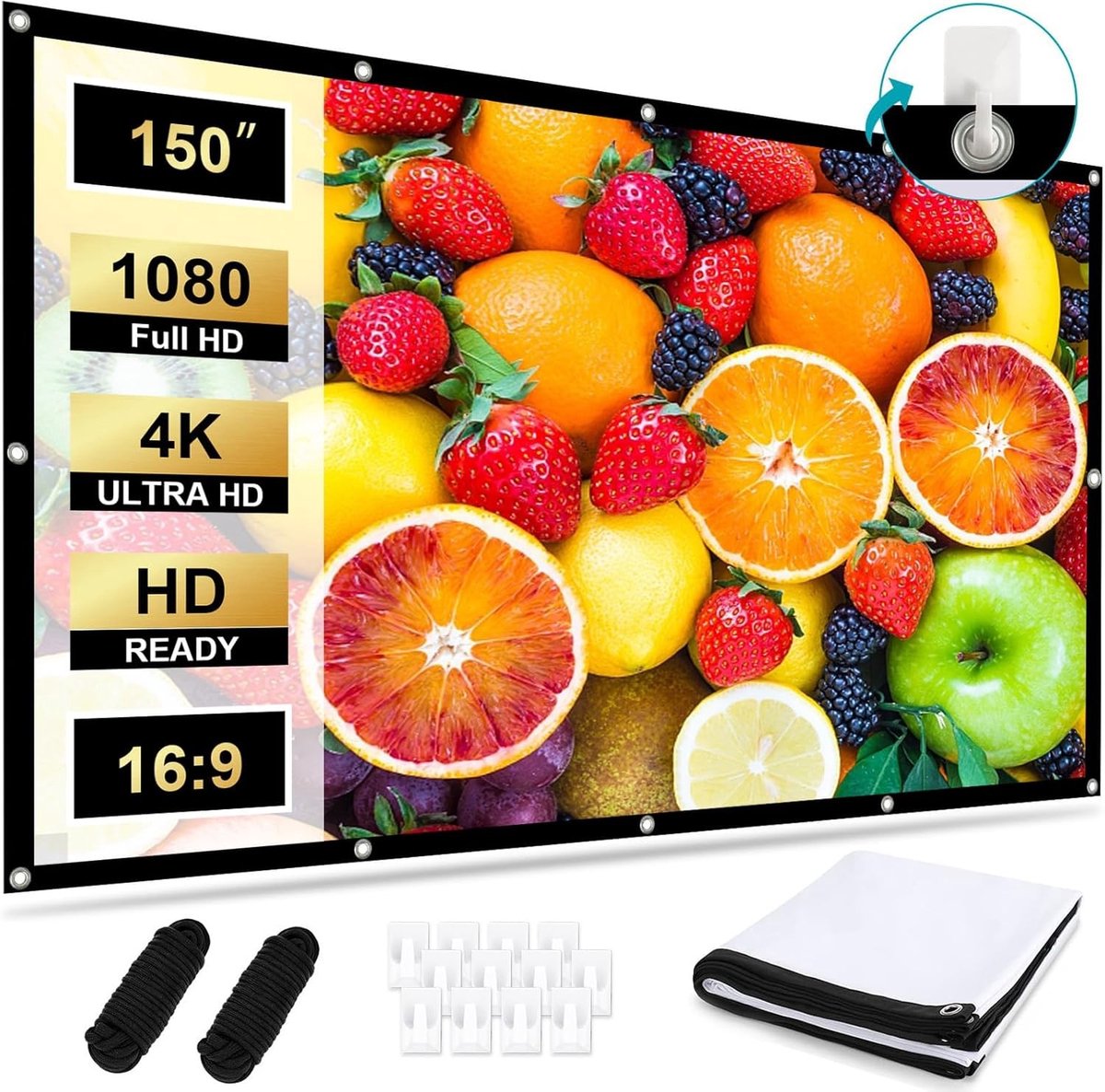 Grote 150 inch Projectiescherm met 16:9 Aspect Ratio, Vouwbaar en Antikreuk, Ideaal voor Buiten en 4K HD Beelden, 336 x 190 cm