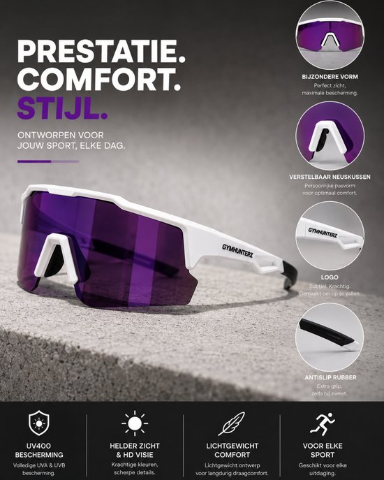 Gymhunterz Sport Zonnebril - Fietsbril - Wielrenbril - Hardloopbril - Festival Rave Space Bril - UV400 Gepolariseerd - Wit Paars van gymhunterz — afbeelding 5