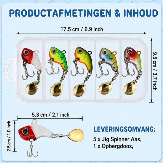 Set kunstaas voor baars - inclusief 5 spinners en een opbergdoos - geschikt voor snoekbaars en forel - rubberen visjes - geschikt voor zoet- en zoutwatervissen — afbeelding 2