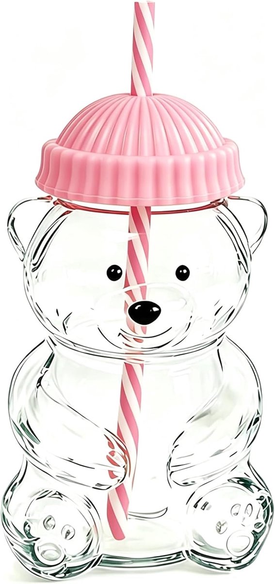 waterfles met rietje - Waterfles Staal - waterfles glas - 600ml - met berenmotief, deksel en rietje, herbruikbare beker voor ijskoffie, bubble tea, smoothies en cocktails - roze