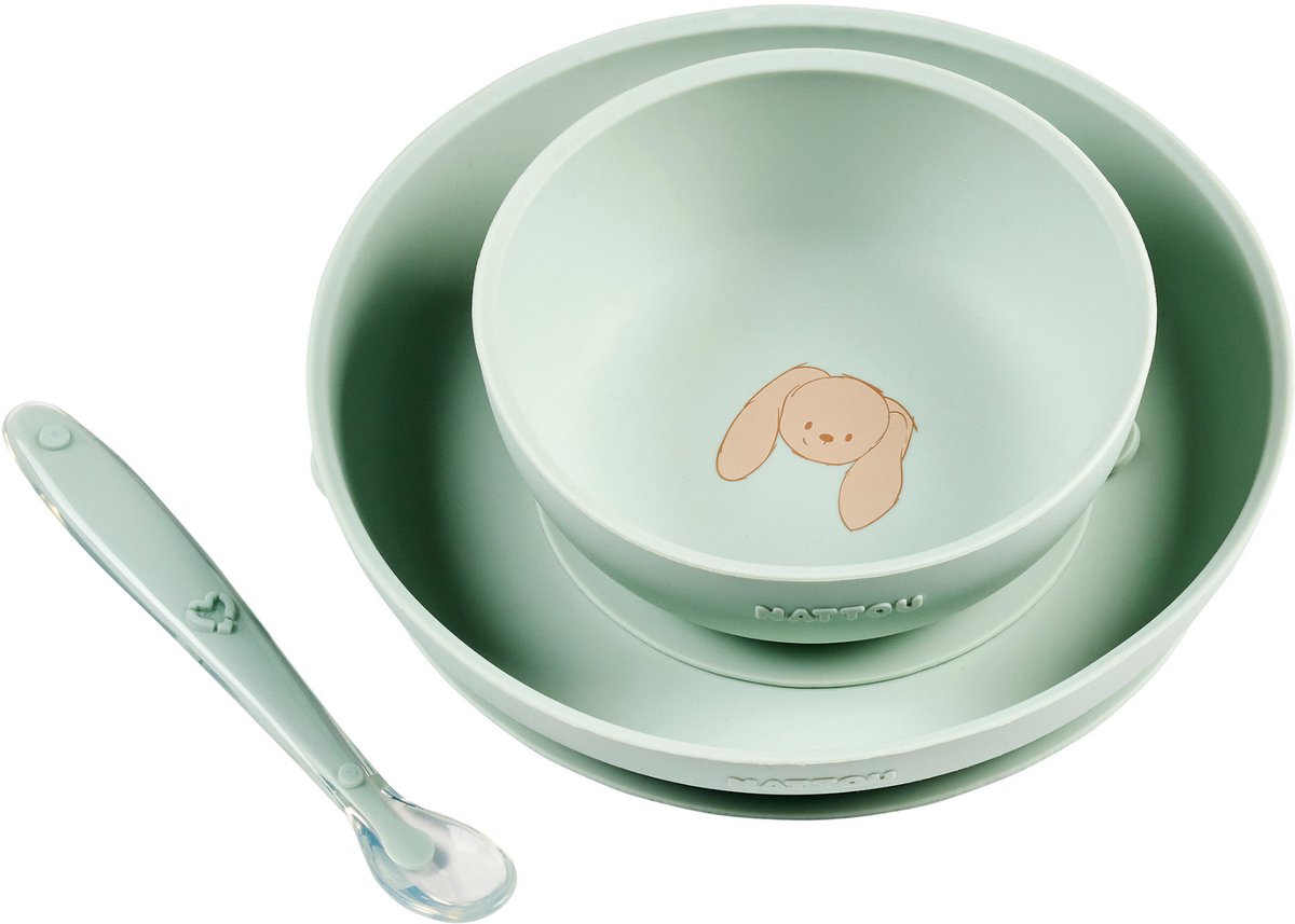 Nattou Mealtime Silicone Serviesset Voor Kinderen 3 Stuks met Zuignap - Bord, Kom en Lepel - Lindegroen