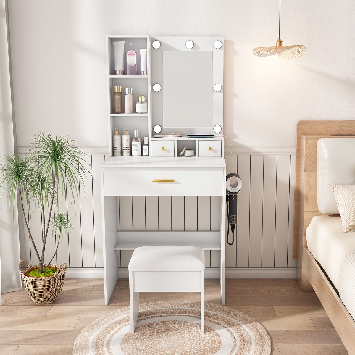 Kaptafel / Dressing Table met Spiegel & LED Verlichting - Vanity Table met Stopcontact, Fö