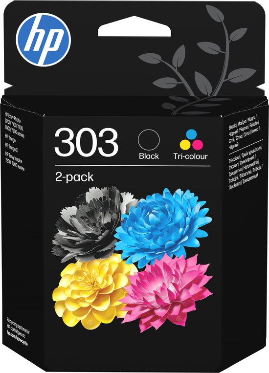 Pack de 2 cartouches d'encre HP 303, noir et tricolore. L'emballage montre quatre fleurs en noir, cyan, jaune et magenta.