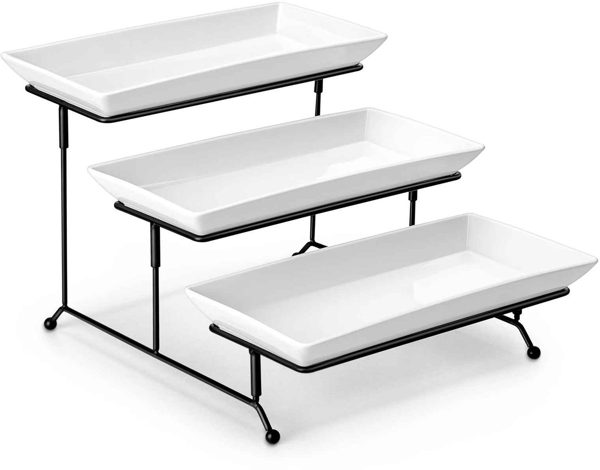 Casa Living Serviesschaal - 3-Laagse Porseleinen Serveerstandaard - Opvouwbare Metalen Standaard - Buffet & Feest - Wit/Zwart