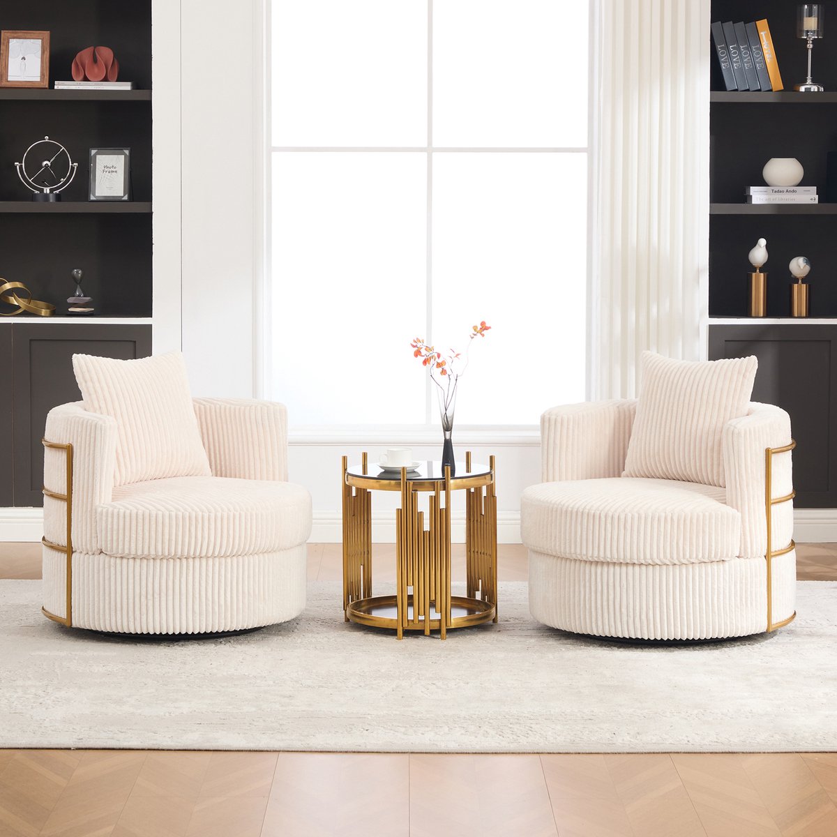 HAUSS SPOLE Fauteuil - Draaibare Loungestoel - Set Van 2 - Met Opbergruimte En Gewatteerde Armleuningen - Voor Woonkamer En Slaapkamer - Cord Beige