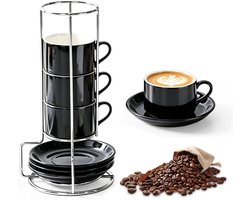 Set van 4 keramische espressokopjes met schoteltjes en standaard, vaatwasmachinebestendig, stapelbaar en perfect voor cappuccino en latte