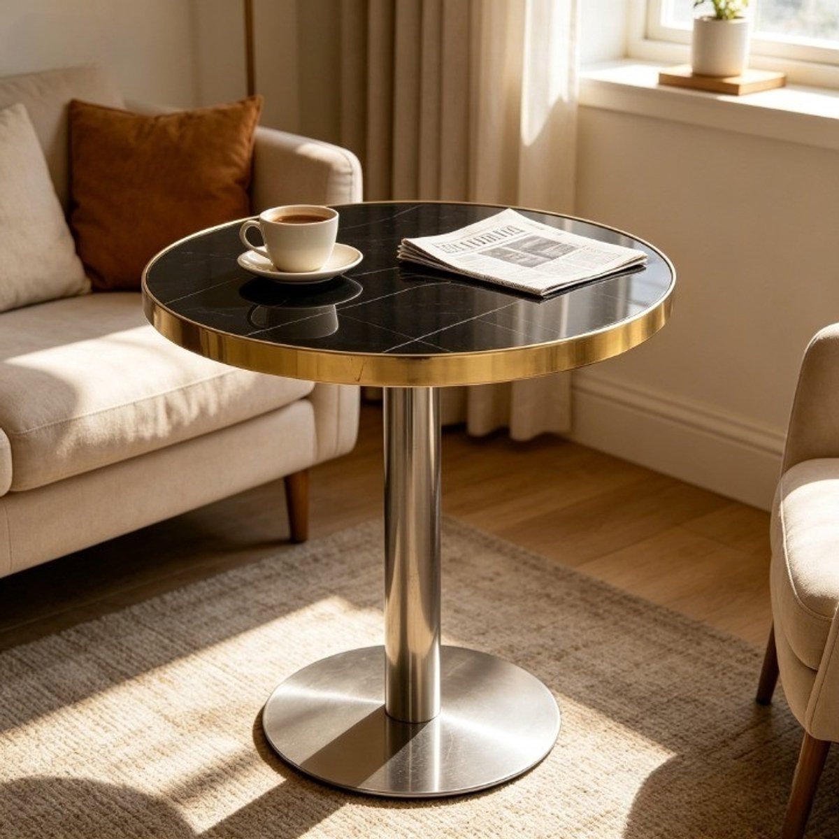 FloraGrace Bijzettafel - Ronde Tafel Met Marmerlook En UV-Coating - Voor Woonkamer, Slaapkamer En Hoek - MDF En RVS - 60 x 73,7 cm - Zwart Goud