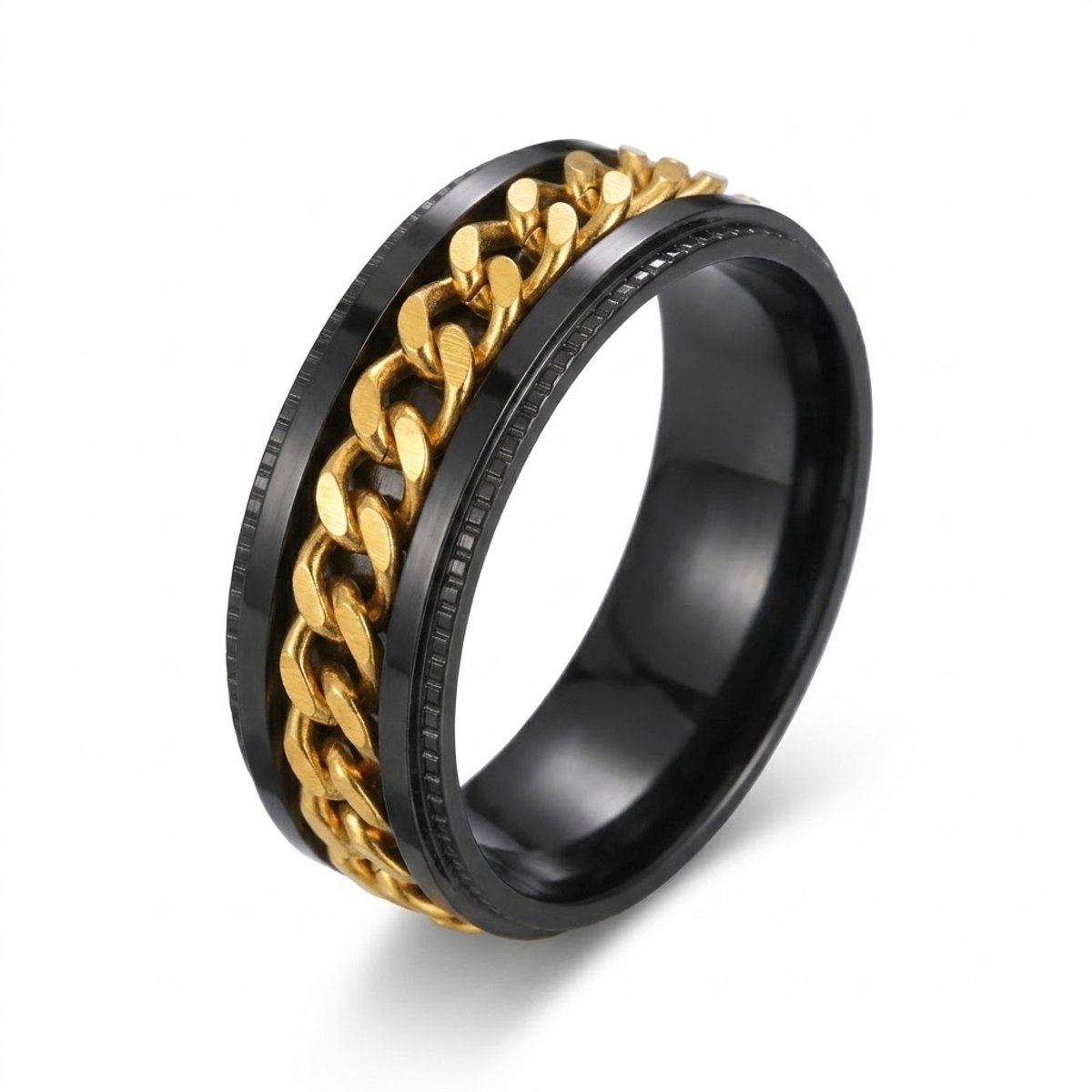 Zwart goudkleurig ring heren statement ring draaibare ring met schakel ketting design hip hop stijl brede bandring modern industrieel design maat 11