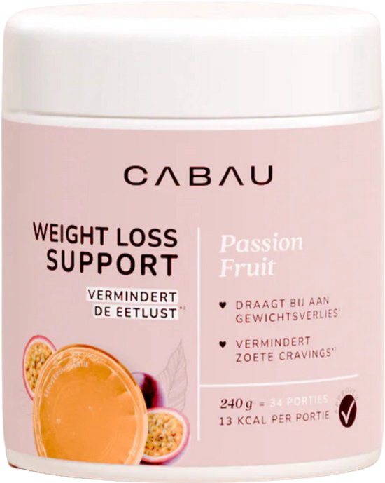 Pot Cabau Weight Loss Support Passion Fruit met afbeeldingen van passievrucht. Bevat 240g, 34 porties, 13 kcal per portie.