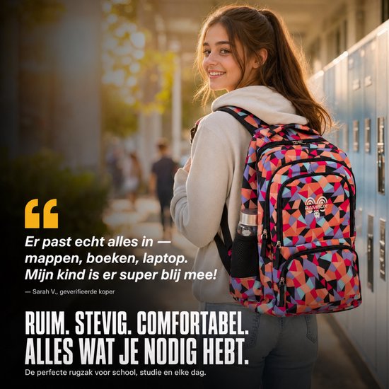 Jong meisje met rugzak met veelkleurig geometrisch patroon; beschrijving van de tas als ruim, stevig en comfortabel.