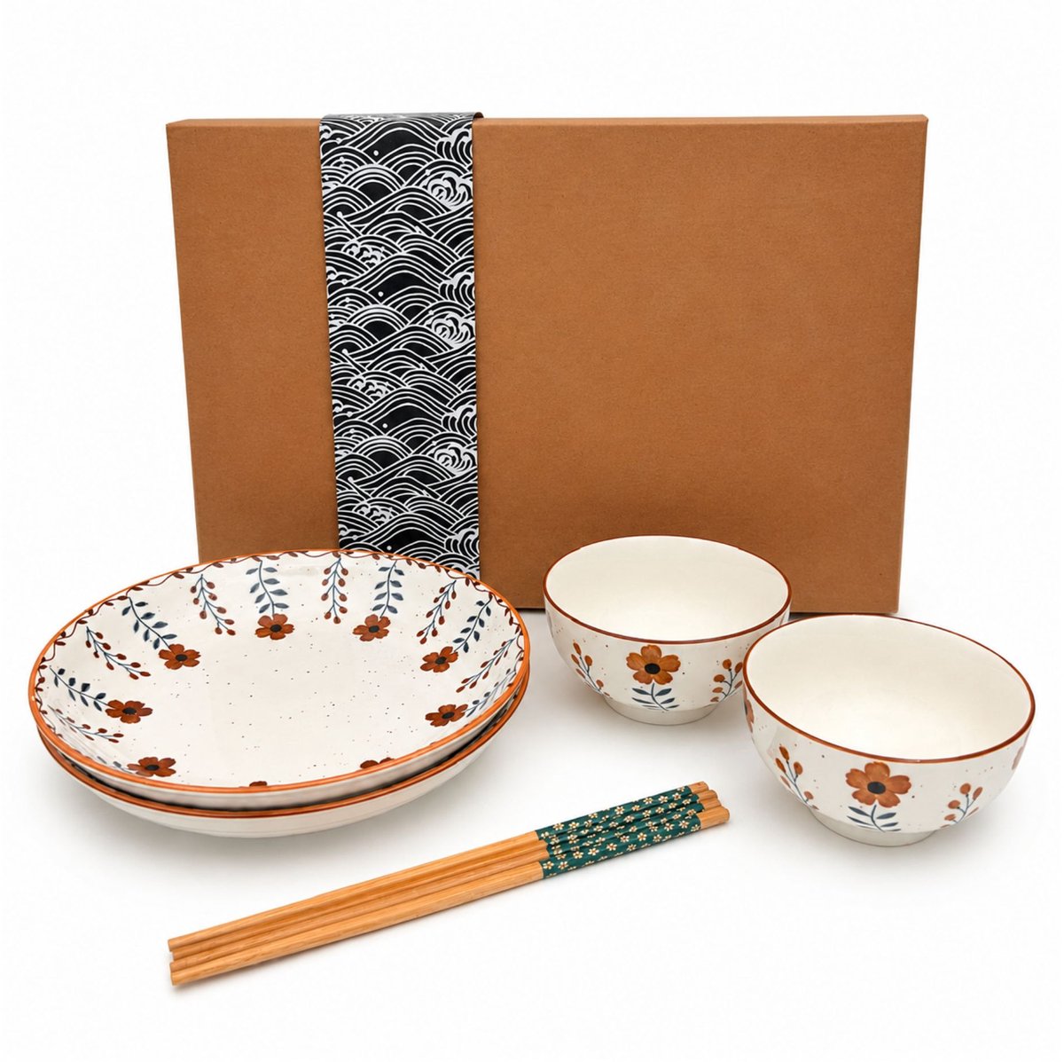 Aziatische Servies Geschenkset – 2 Kommen, 2 Borden & 2 Paar Eetstokjes – Keramiek – Bloemenprint - Voor sushi, rijst, ramen Chinees/Japans