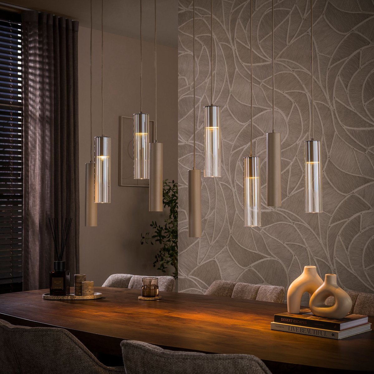 PS-Collection Hanglamp Beige Glas Metaal 9-lichts - Lungo - hanglampen eetkamer, hanglamp zwart, hanglampen woonkamer, hanglamp slaapkamer, hanglamp kinderkamer, hanglamp rotan, hanglamp hout, hanglamp industrieel