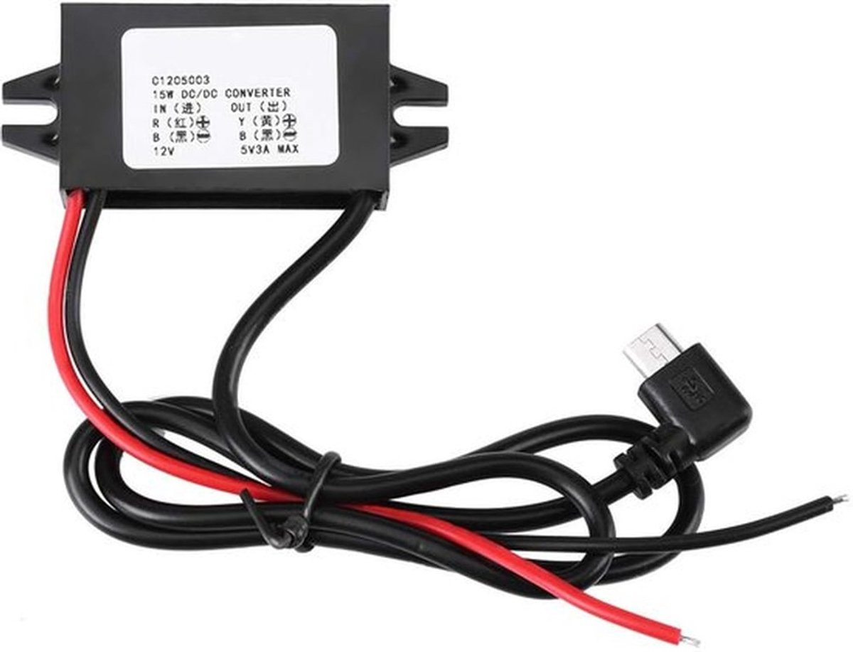 Spanningsomvormer DC 12V naar 5V 3A Micro USB-adapter, instelbaar voor in de auto, met overbelastingsbeveiliging, compatibel met smartphones en draagbare apparaten.