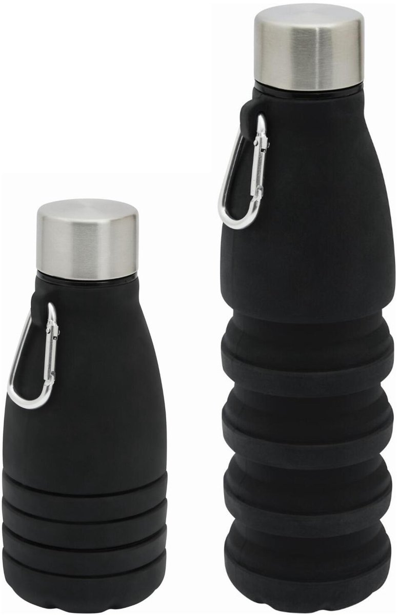 Trendoz Opvouwbare drinkfles - 2x - waterfles - zwart - kunststof - 550 ml - schroefdop - ophanghaak - 8 cm