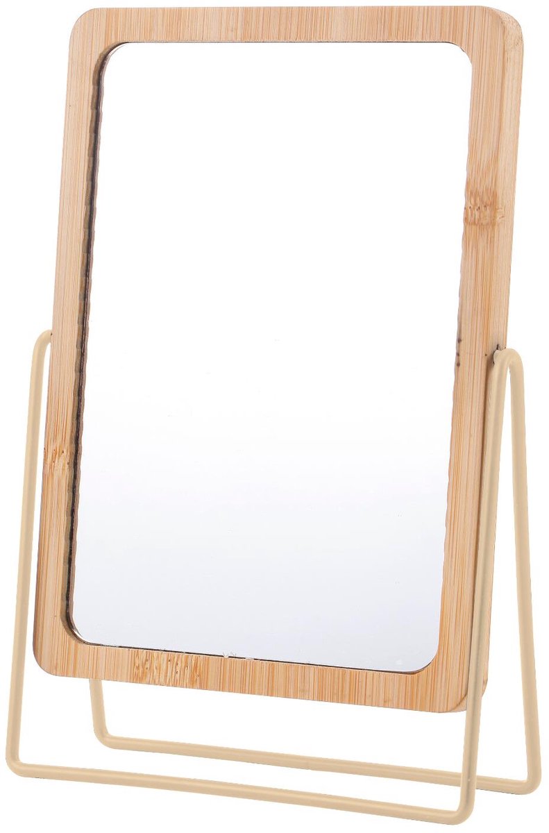 Berilo Make-up spiegel - 16 x 22 cm - beige - metaal/bamboe - kaptafel spiegel - tafelmodel