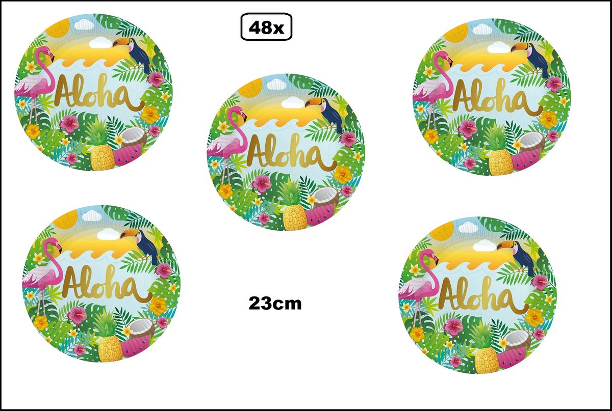 48x Bord Aloha 23cm karton - Diner eten knoeien Tropical Hawai party BBQ thema feest verjaardag feest