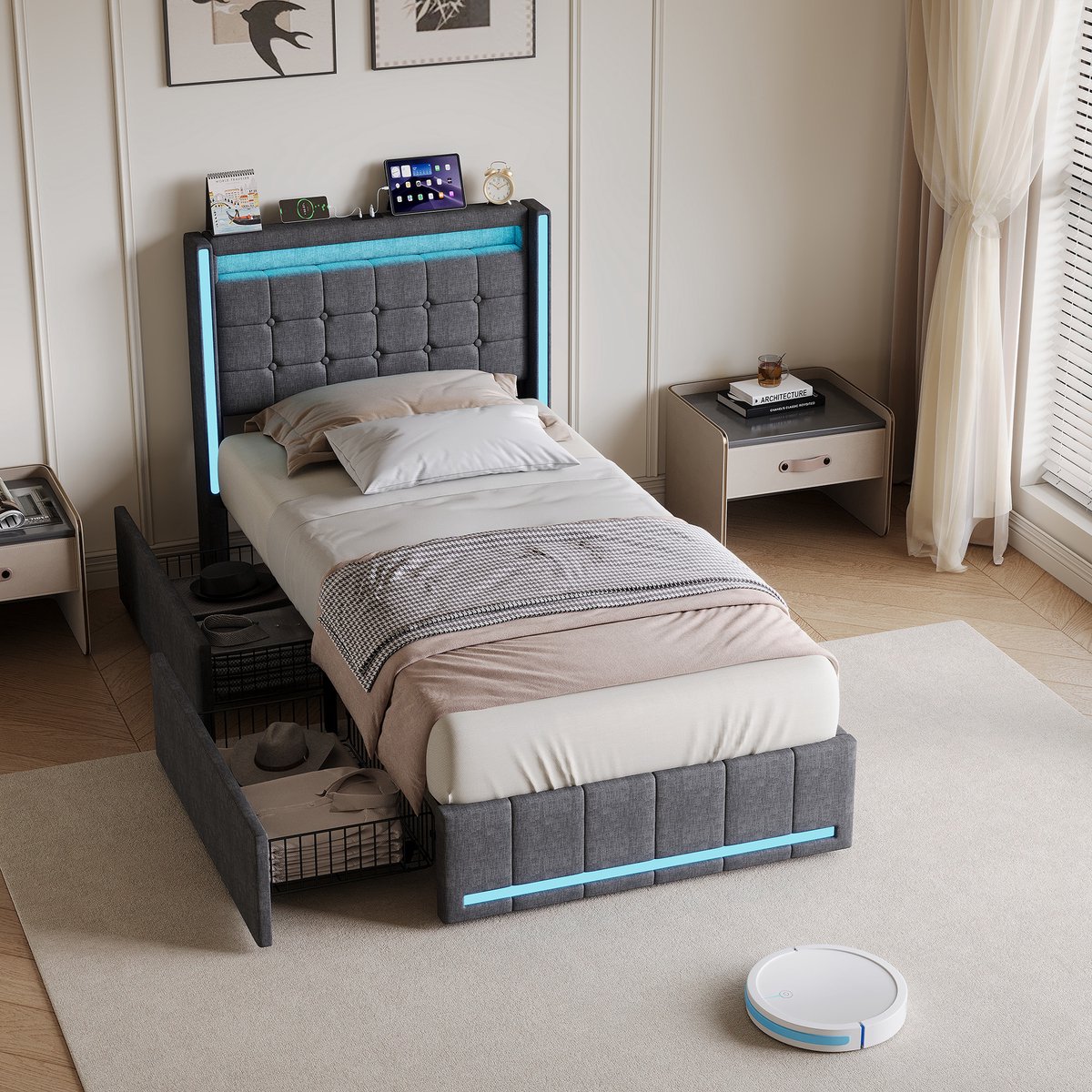 Gestoffeerd bed van 90x200 cm, eenpersoonsbed met opbergruimte en ledverlichting, kinderbed/logeerbed, lattenbodem, met opbergbox, grijs, linnen, zonder matras