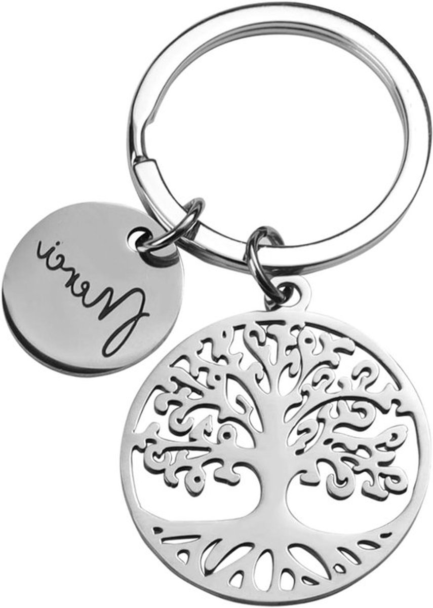 Sleutelhanger met levensboom en Franse inscriptie in zilver, feestelijk accessoire voor tas en sleutel, ideaal als cadeau voor verjaardag, communie, doop en kerstviering