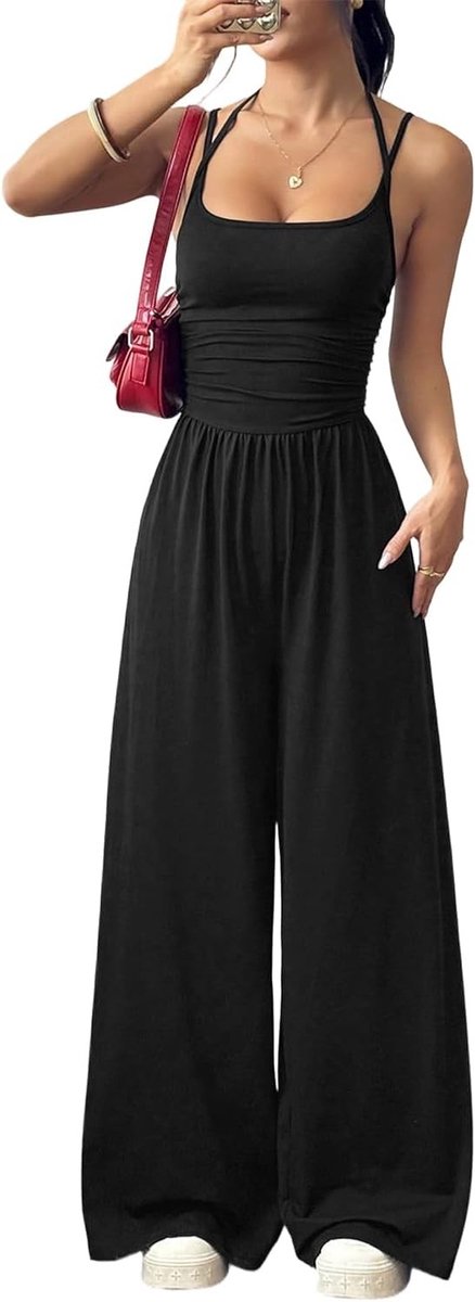 Elegante dames jumpsuit met blote rug en brede broek, perfect voor zomerfeesten en stranduitjes, casual en stijlvol eendelig ontwerp