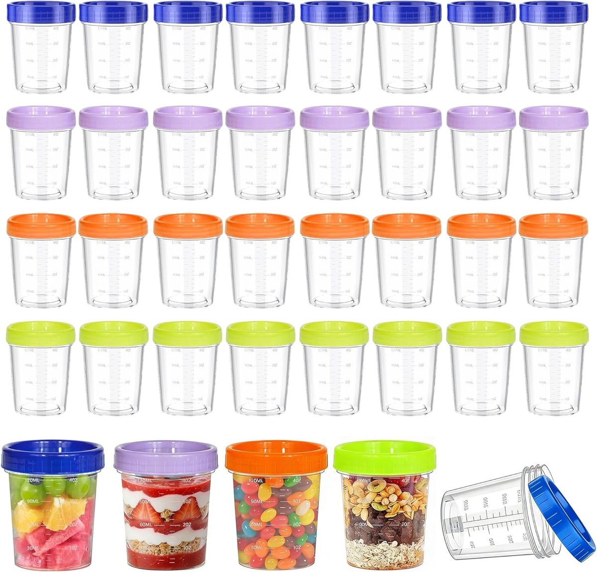 Kleine Plastic Dozen met Deksel - 32 Stuks, 120ml, Ideaal voor Voedselopslag, Saus, Salade en Yoghurt in 4 Kleuren